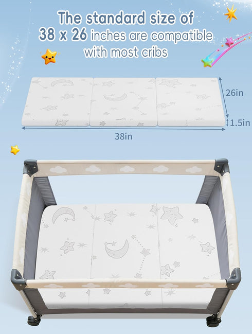 Pack 38x26x1.5 Pack Trifold and Play Mattress Portable N Play Mattresses with Washable Cover Waterproof Travel Crib