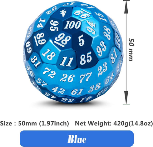 DNDND Blue D100 Dice Set - Single Metal 100 Sided Die with Case and Velvet Pouch for Table Games