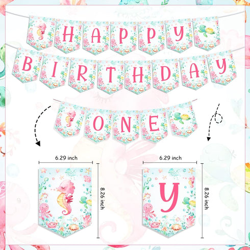 1st Oneder the Sea Birthday Girl Decorations, Under the Sea Ocean Animal Happy Birthday Backdrop Banner High Chair