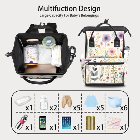 Hsnar Backpack Poppy Flowers Herbs Waterproof Diaper Bag Large Capacity Baby Bag with Stroller Straps, Multi-Pocket