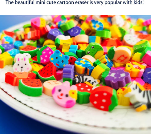 300PCS Mini Fun Erasers for Kids Bulk, Cute Assorted Novelty Pencil Erasers for Party Favors and School Prizes