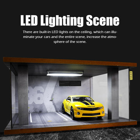 1/24 Scale Wooden Parking Garage Display Case for Diecast Cars with LED Light and Acrylic Cover