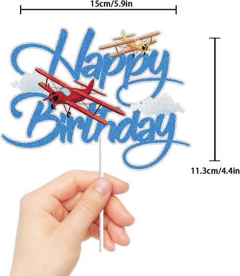 LINGBOOM Airplane Happy Birthday Cake Topper - Aircraft Plane Travel Airman Theme Kids Boys Men Party Supplies