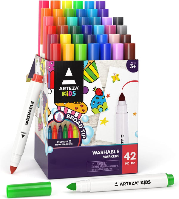 ARTEZA Kids Broad Tip Washable Markers, 42 Bright Colors, 36 Washable and 6 Non-Washable Neon Pens for Kids