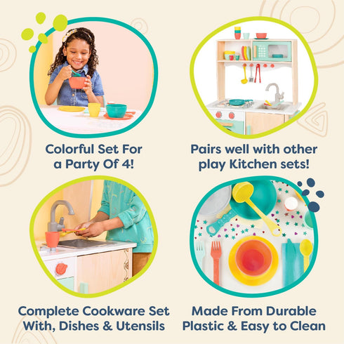 B. toys – Play Kitchen Accessories, 33-Piece Cookware, Dishes, Utensils Set for Kids, Pretend Play Toys