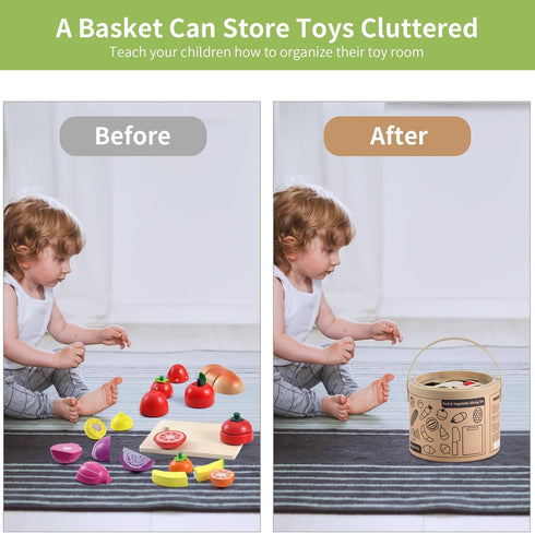 WHOHOLL Wooden Play Food for Kids Kitchen Playset - Montessori Pretend Cutting Food Toys for 2+ Year Old