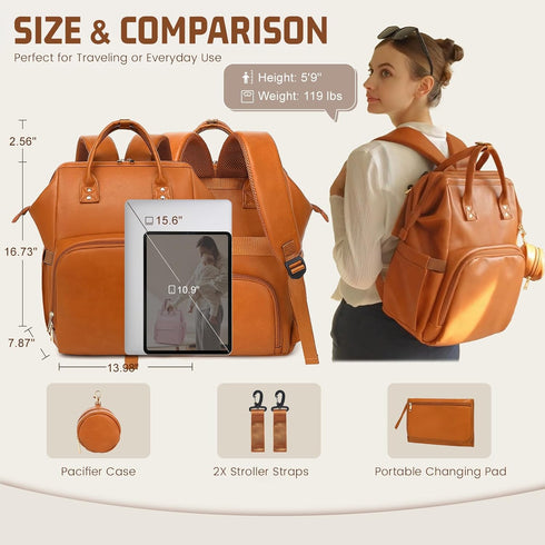 Backpack ROSEGIN Premium Vegan Leather Diaper Bag with Waterproof Changing Pad Reinforced Stitching & Zippers, Baby Bag