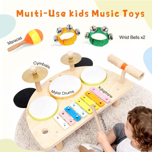 Set, 1-6, Kids Drum Montessori Musical Instruments for Toddlers Wooden Toys Montessori Music Table, Xylophone Drum Kit