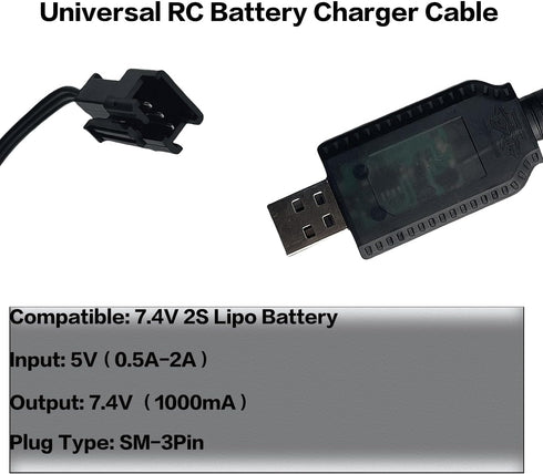 7.4V USB Charger Cable with SM-3PIN Plug for RC Car Plane Tank Boat, Universal 7.4V Lipo Battery USB Charger with