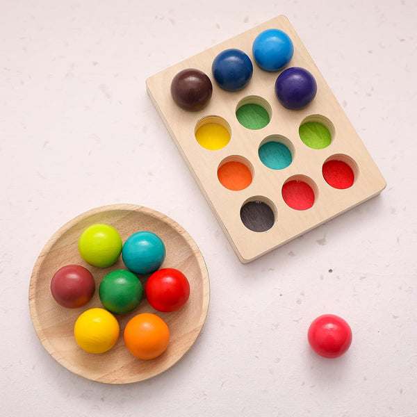 ibwaae Wooden Color Sorting Balls Game, 12 Pcs Rainbow Color Matching Montessori Toys for Toddlers Activities