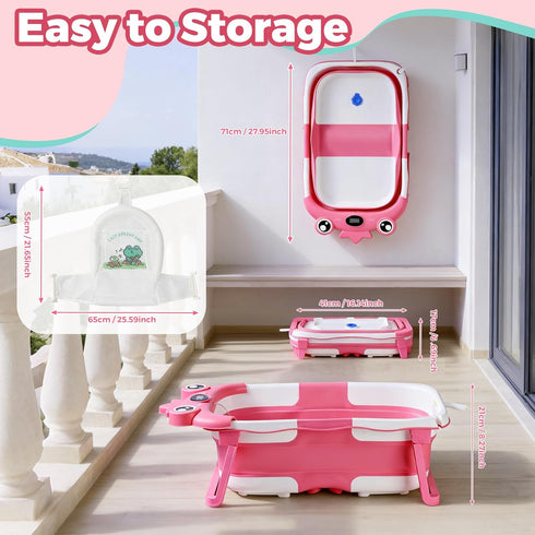 TBHAPY 0-36 Baby Bathtub,Collapsible Baby Bath Tub with Soft Cushion & Thermometer, Space Saving Foldable & Travel