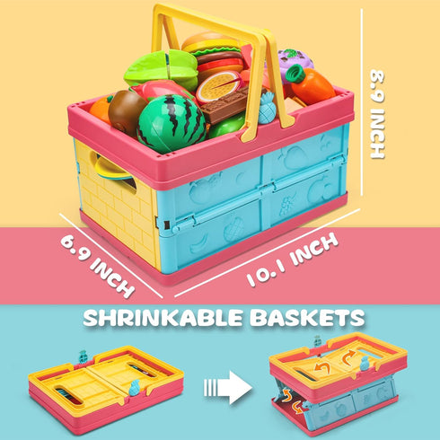 Cawiew 100 Set Playset PCS Cutting Play Food For Kid Kitchen, Storage Basket with Vegetable & Fruit Toy For Toddler Boy