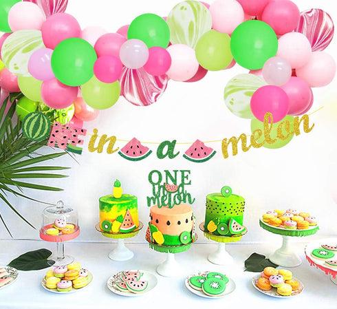 Watermelon First Birthday Party Supplies, One in a Melon Banner, Cake Topper, Balloon Garland Arch for Girl