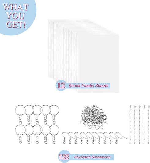 Warckon 137 Pieces Shrink Plastic Sheet Kit with 12 PCS Shrinky Art Paper and 125 PCS Keychains Accessories for Kids