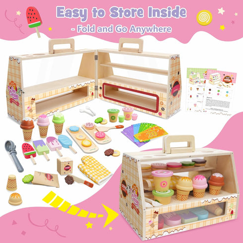 2 1 Set (63pcs), Counter 3+ SIMPLIPLAY in Portable Wooden Ice Cream Toy & Cookie Play Slice and Bake Cookies, Scoop