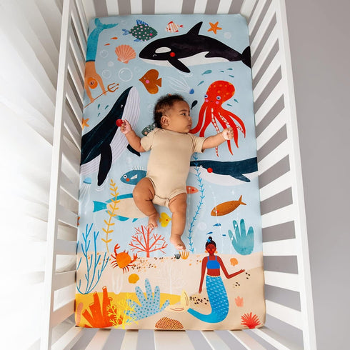 100% (52 28 inches) Rookie Humans Cotton Sateen Fitted Crib Sheet: Beyond The Reef. Modern Nursery, Use as a Photo