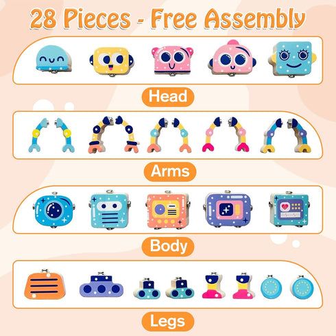 28-Piece 36 Robots Wooden Snap-Together Building Toys STEM Montessori Educational Blocks for Toddlers Ages | Fine Motor