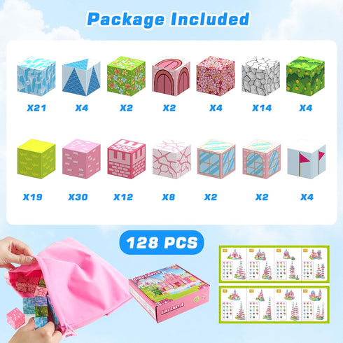 Behanluva 128PCS Set, 3 Magnetic Building Blocks Magnetic Blocks for Girls, Magnet Tiles Cube Game, Princess Castle