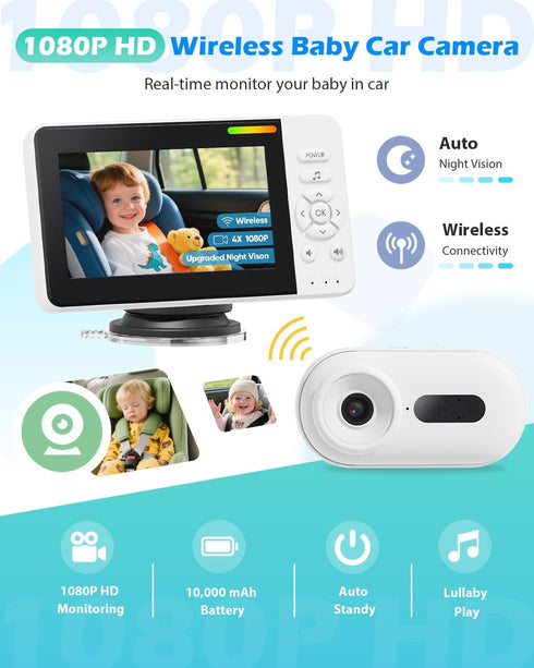 Elzeeo 1080P 360 Wireless Baby Car Camera with Upgraded Auto Night Vision, HD Car Baby Monitor with Adjustable, Easy