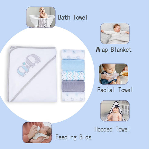 Set, 5 (6 Viviland Baby Towels and Washcloths, Soft Absorbent Baby Bath Towel Elephant Hooded Towels with Infant Face
