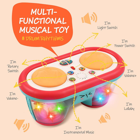 6-18 Tummy Baby Toys for Months, Musical Drum, Light Up, Time, Baby Gifts