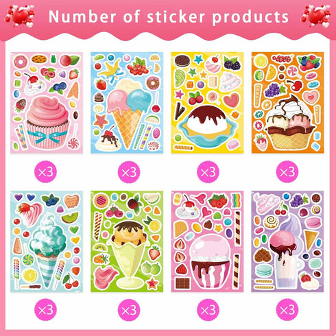 24 Summer Sheets Make-a-face Stickers, Make Your Own Ice Cream Mix and Match Sticker Sheets DIY Ice Cream Stickers