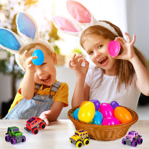 ThinkMax 12pcs Easter Eggs Prefilled with Pull Back Cars, with toys inside for Easter Eggs Hunt, Easter Basket