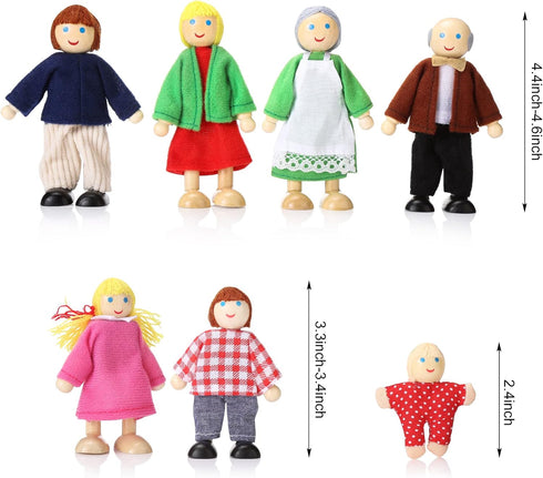 Wooden Dollhouse Family Set of 7, Mini Figures for Pretend Play, Classic Doll House Accessories for Kids & Toddlers