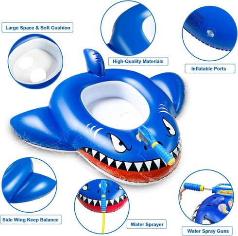 2 Pack Water Squirt Guns, Shark Pool Floats for Kids 3-8 Years, Inflatable Ride-on Toddler Pool Toys for Summer