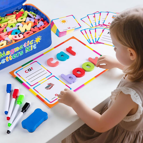 Kit310 Set Sundaymot Magnetic Alphabet Letters Pcs with Magnetic Board and Organizer Bag, Upper and Lower Case Wooden