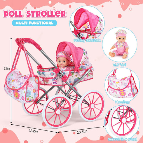 ALLROAD Set 12.5'' 2 3-5 4-6 5-7 Baby Doll Stroller Toy with Doll and Accessories- Doll Clothes, Diaper, Dining Chair