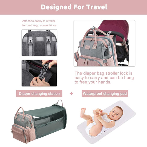 Backpack JOLLITO Baby Diaper Bag with Changing Station, Large Capacity, Stroller Straps and USB Charging Port, Baby