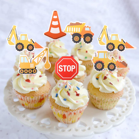 36 PCS Construction Cupcake Toppers Stop Sign Dump Truck Excavator Tractor Party Cake Food Picks for Baby Shower