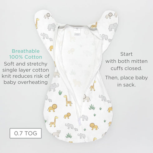 Amazing Baby Transitional Swaddle Sack with Arms Up, Half-Length Sleeves, Mitten Cuffs, Medium, Tiny Elephants