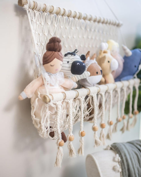 16" 22" Crane Baby Macrame Hanging Storage Bin for Nursery, Boho Baby Decor, Baby Toy Hanging Basket Wall Storage