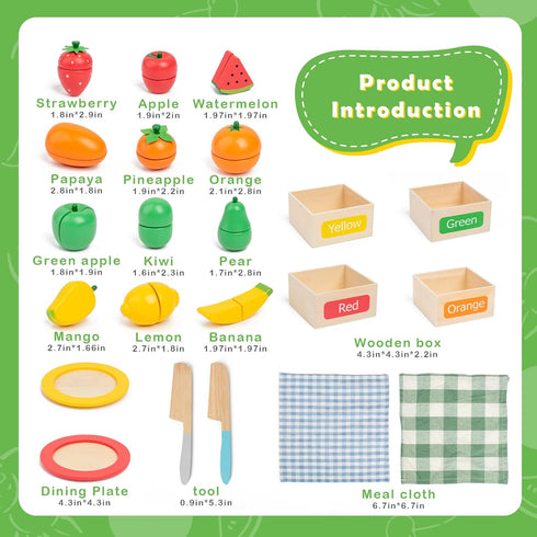 Sets Set Wooden Play Food for Kids Kitchen Accessories, Velcro Fruit and Veggies Cutting for Kids, Pretend Play Food