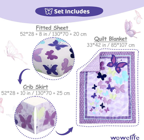 Set 3 Sets Sets Wowelife Butterfly Crib Bedding for Girls Piece Baby Girl Bedding Purple Nursery Crib Newborn, Infant