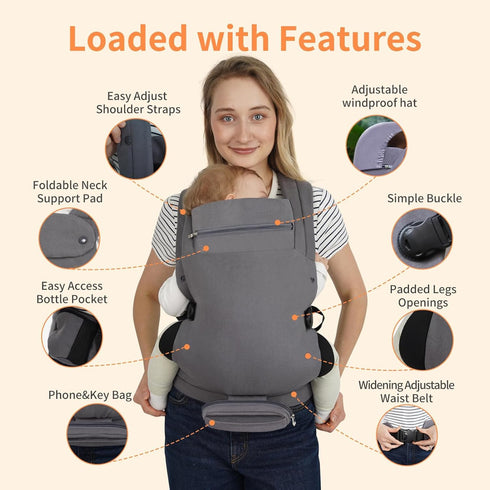 (7-44 lbs), Ergonomic Baby Carrier Newborn to Toddler Lightweight Infant Carrier with Windproof Cover & Bottle Bag