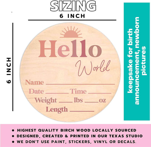 Hello World Newborn Announcement Sign - Custom Birth Stats Plaque for Photos