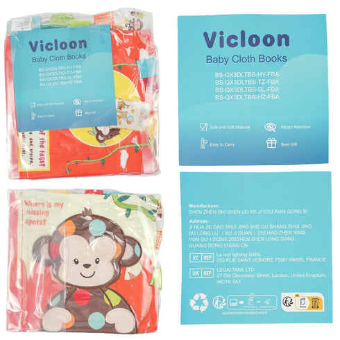 Vicloon Soft Baby Books Toys, 3D Touch and Feel Crinkle Cloth Book for 0-3 Year Old, Educational Learning Toy