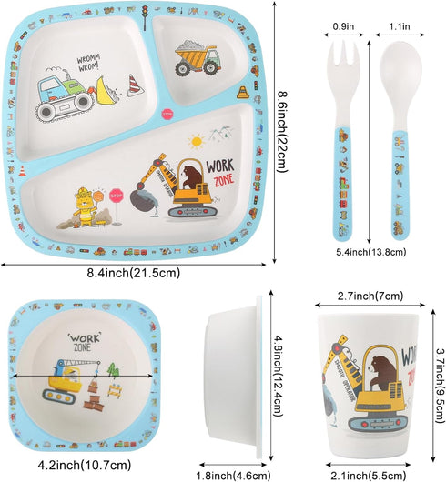 5Pcs Kids Tableware Set,Baby Plates and Bowls,Cartoon Bamboo Toddler Dinnerware Set,Children Plate Forks and Spoons for Kids(Blue) by Qshare