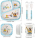 5Pcs Kids Tableware Set,Baby Plates and Bowls,Cartoon Bamboo Toddler Dinnerware Set,Children Plate Forks and Spoons for Kids(Blue) by Qshare