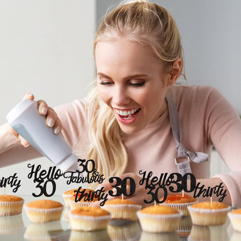 24 PCS 30th Birthday Cupcake Toppers, Hello 30 Cake Topper, Thirty 30 & Fabulous Cupcake Picks, 30th Birthday