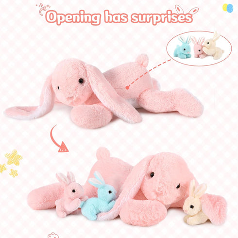 MaoGoLan 4Pcs Giant Bunny Stuffed Animal with 3 Babies Inside, 24" Pink Easter Bunny Plush Toys
