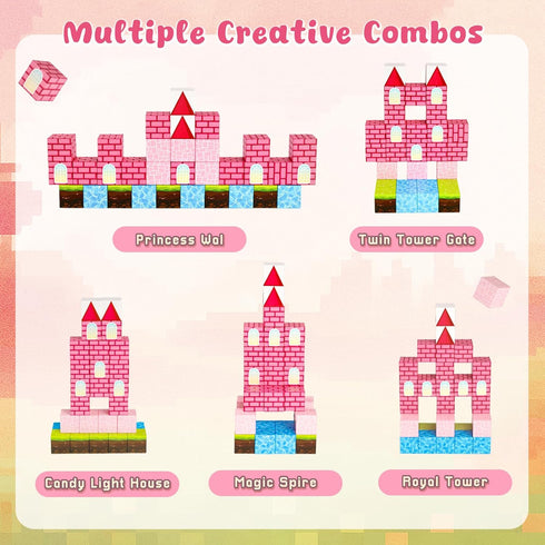 3 32PCS Set, otters Magnetic Building Blocks Princess Castle Travel STEM Magnet Cubes Toys with Metal Storage Box
