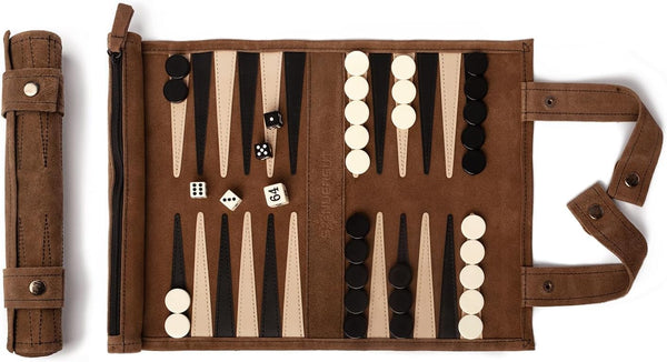 Sondergut Roll-up Portable Suede Backgammon Game Set - Multiple Colors (Mocha) - Ideal for Adults & Children, Travel,