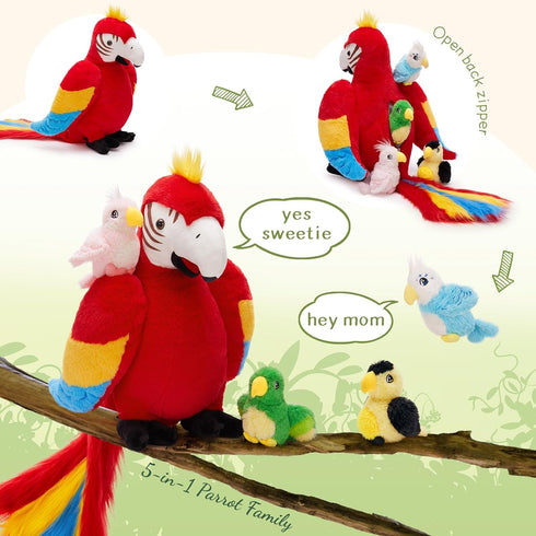 18'' Mommy 4 Tezituor Macaw Parrot Stuffed Animals with Babies, Stuffed Parrot Plush with Baby Parrots, Realistic
