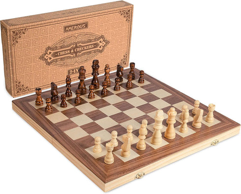 15'' Set, 2 1 -2 -24 Packed Set AMEROUS Wooden Chess & Checkers in Board Games Extra Queens Cherkers Pieces - Gift Box