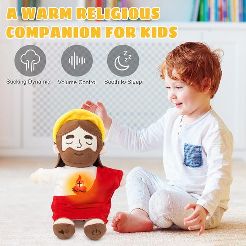 15" Yelakey Soothing Jesus Plush Toys with Light & Sound, Jesus Stuffed Breathing Plushy Doll, Christian Catholic