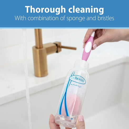 1-Pack Dr. Brown's Reusable Sponge Baby Bottle Cleaning Brush with Suction Cup Stand, Scrubber and Nipple Cleaner, Pink